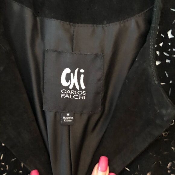 Carlos Falchi M NWT Heavy Black Textured Designer Leather Suede Punchout Coat - Picture 6 of 9